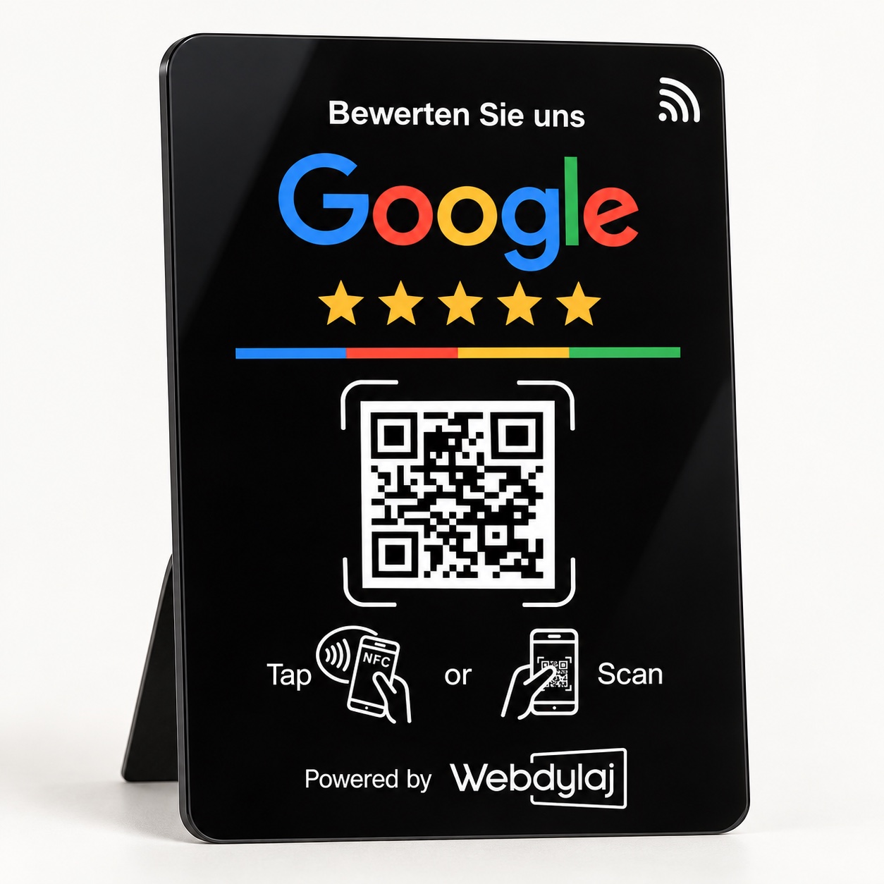 Schwarzer NFC-Bewertungsständer mit farbigem Google-Logo, gelben Sternen und gut sichtbarem Powered by Webdylaj-Logo