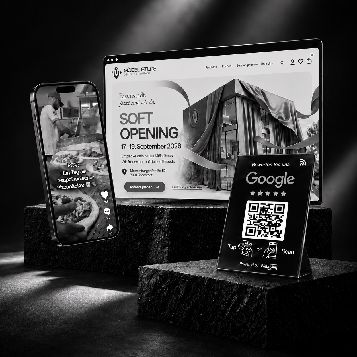 Webdesign für Möbel Atlas, Social Media für Napoletana Tulln und Google Bewertungsständer von Webdylaj